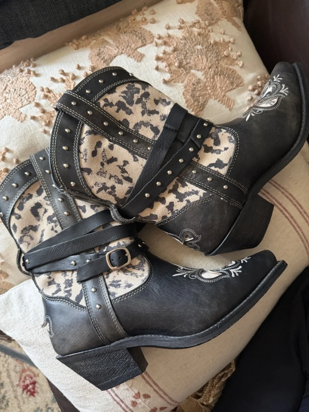 Western-Inspired Black and Cream Ankle Bootie with Buckle Strap